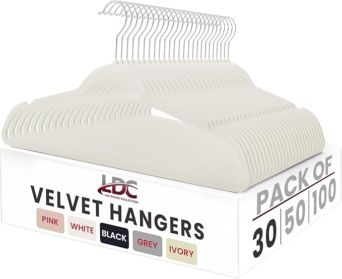 LDC White Velvet Hangers 30 Pack - Premium Non-Slip Clothes Coat Pants Felt Hanger for Closet - Heavy Duty Space Saving 360° Swivel Hook Hangars - White