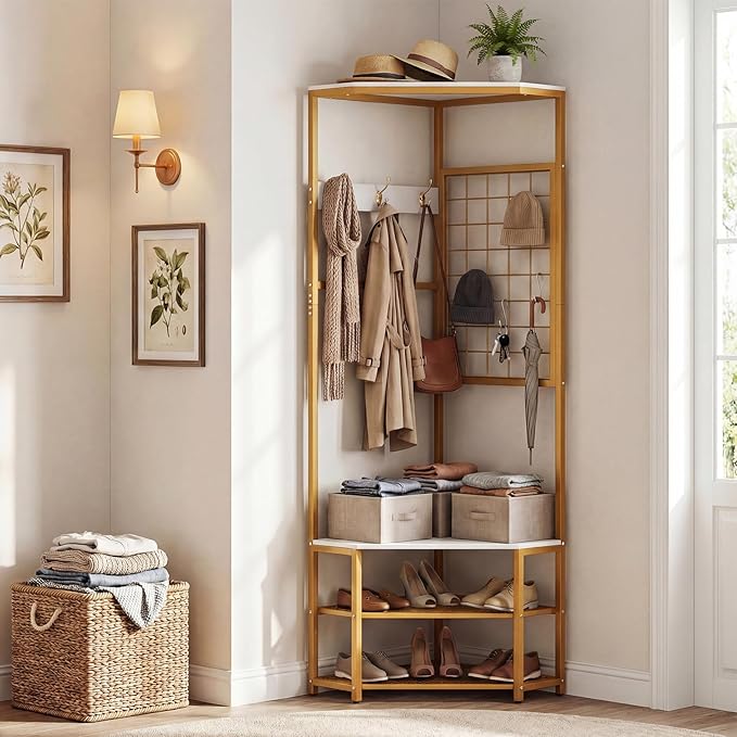 Giantex Corner Hall Tree with Shoe Bench, 4-Tier Freestanding Coat Rack with Hooks & 2-Tier Metal Wire Shoe Rack, Modern Corner Storage Organizer for Entryway, Hallway, Bedroom