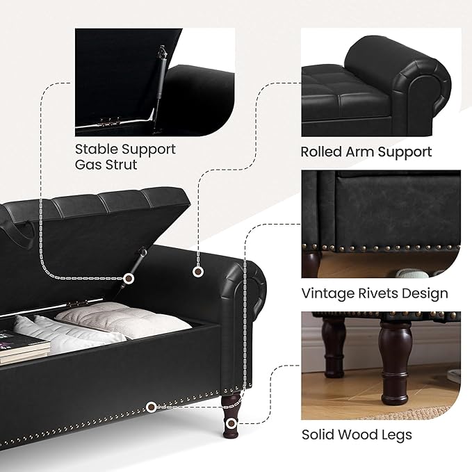 YOUDENOVA 60" Storage Bench with Rolled Arms, Upholstered Bed Bench with Vintage Rivets, PU Leather Bench for Bedroom End of Bed, Living Room, Entryway, Black