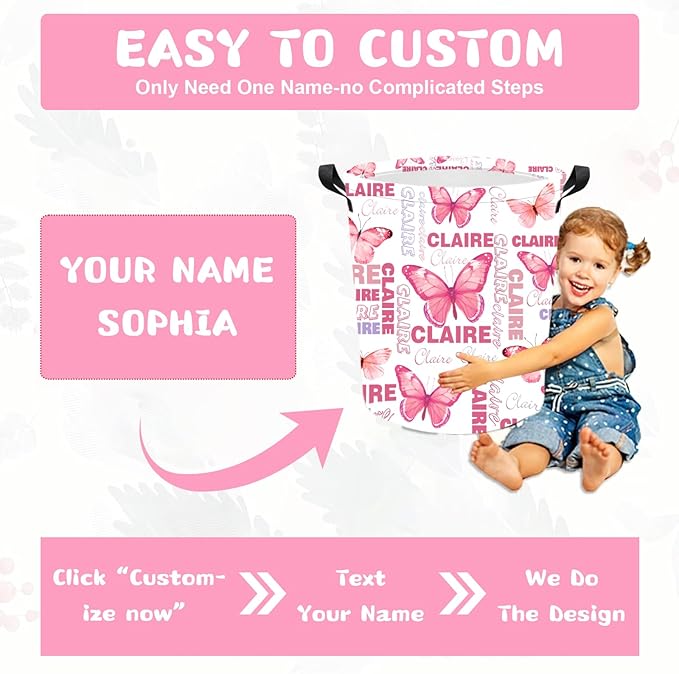 Personalized Laundry Hamper Custom Kids Dirty Clothes Hamper with Name Storage Basket for Bathroom Bedrooms Nursery for Baby Girls Boys Adults (Style-Butterfly)