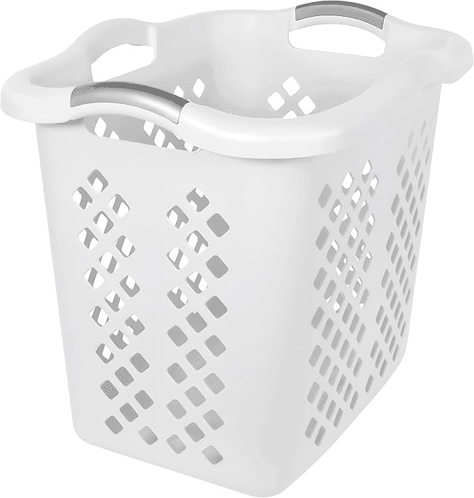 2-Pack 2 Bushel Plastic Laundry Basket with Silver Handles, Space-Saving Dirty Clothes Organizer for Home Apartment Dorm (White)