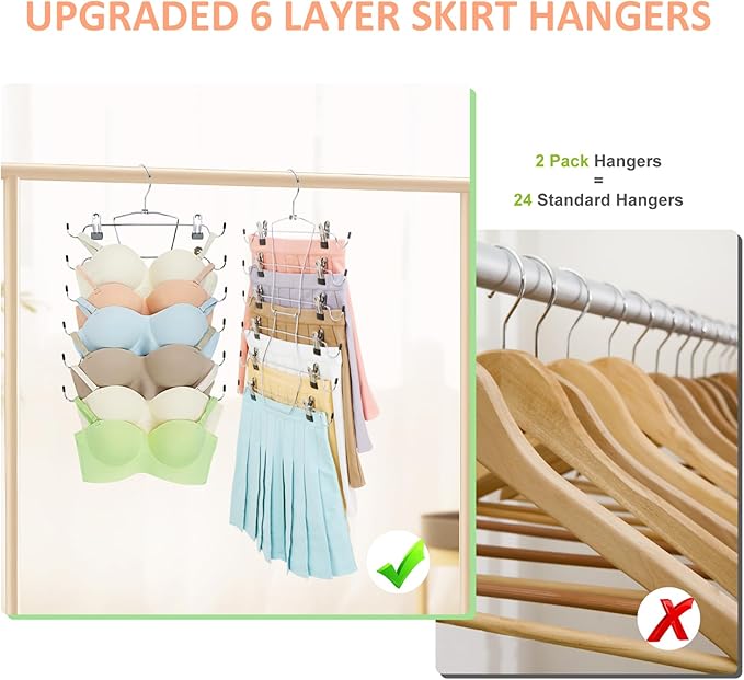 2 Pack 6 Tier Pants Hangers Space Saving, Skirt Hangers Closet Organizers and Storage with Clips Holds 24 Skirts/Pants/Jeans/Shorts/Lingeries, Foldable Metal Hooks,for Dorm Room Essentials Déco