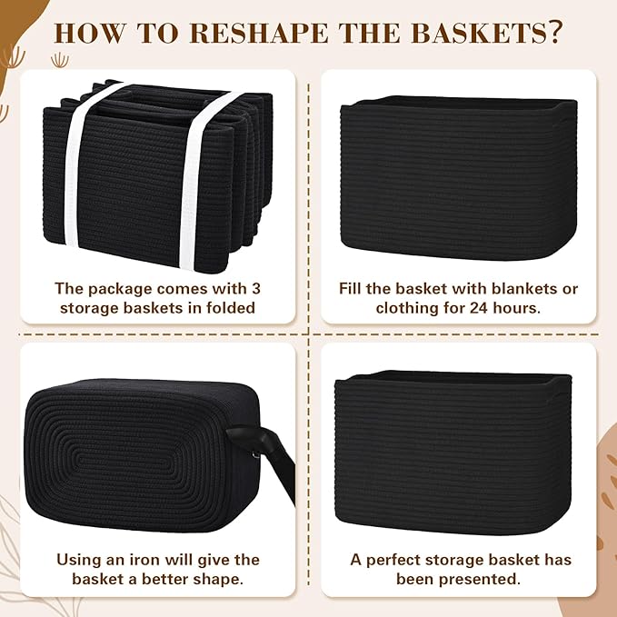 Baskets for Organizing,Storage Baskets,3 Pack Baskets for Shelfves,15"×10"×9" Woven Black Basket,toy storage bins,bins for organization