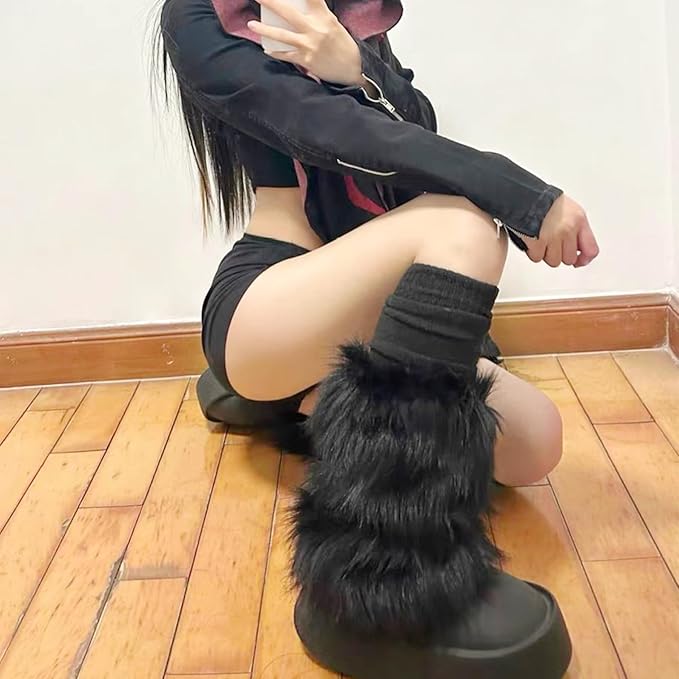Zando Furry Faux Fur Leg Warmers for Women - Soft Fluffy Legwarmer Winter Boot Cuffs Covers for Daily Halloween Santa Costume