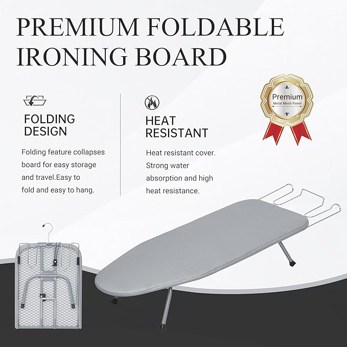 Ironing Board, Small Iron Board with Iron Rest, Mini Tabletop Ironing Board with Heat-Reflective Cover and 100% Cotton 8mm Thicken Pad, 31.5"x11.8"x6.2", Silver