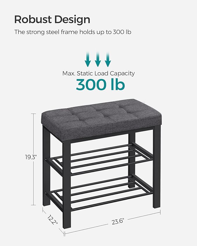 SONGMICS Shoe Bench, Storage Bench, Entryway Bench with Cushion, Shoe Shelf with Seat, Space-Saving, Modern Style, for Living Room, Bedroom, Hallway, Dark Gray and Ink Black ULBS576B33