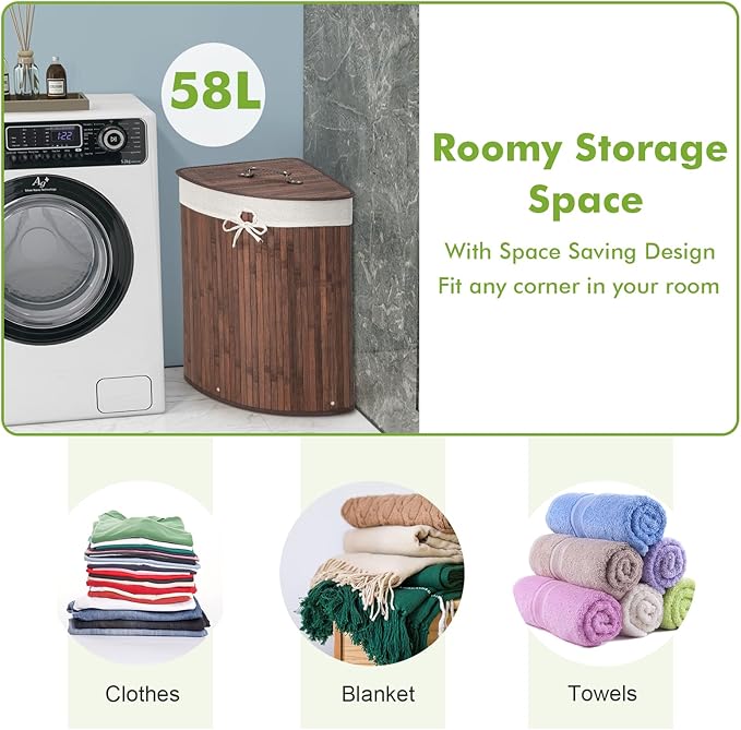 Giantex Corner Laundry Hamper with Lid, 58 L Bamboo Laundry Basket with Removable Liner & Handle, Triangle Clothes Hamper for Small Spaces, Bedroom, Bathroom, Laundry & Living Room (Brown)
