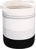 Sea Team Large Size Cotton Rope Woven Storage Basket with Handles, Laundry Hamper, Fabric Bucket, Drum, Clothes Blankets Organizer for Kid's Room, 18 x 20 inches, Round Open Design, White & Black