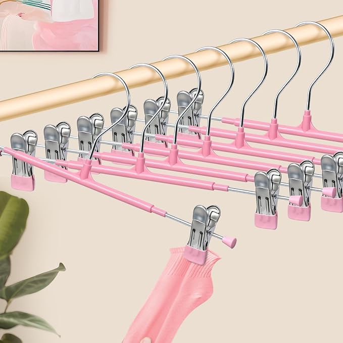 HUADYMEET 30 Pack 12Inch Pants Hangers with Clips,Metal Trouser Hanger for Jeans.Space Saving Skirt Hangers Heavy Duty Non-Slip Adjustable Clothes Shorts Hanger for Women,Men,Pink