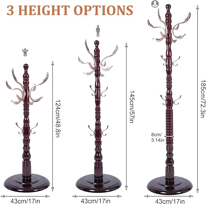Free Standing Coat Rack with 14 Hooks, Vintage Wooden Coat Tree, Adjustable Height 73 Inches, Retro Coat Stand for Entryway, Living Room, Office & Bedroom (Mahogany) (Metal, 1 PCS)