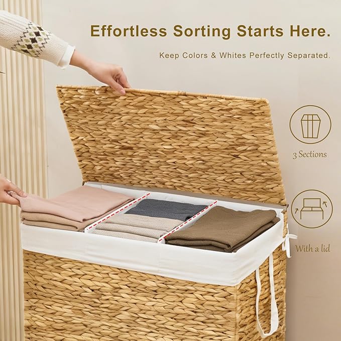 3-Section Laundry Hamper with Lid, Large Capacity Woven Natural Water Hyacinth Laundry Sorter with Removable Liners, Rolling or Non-Slip Design for Bedroom (Natural, 155L)