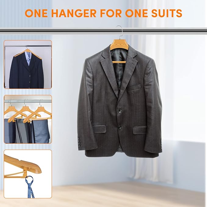 DEDU Suit Hangers for Men 15 Pack Width 17.5", Coat Hangers No Shoulder Bump Non Slip, Plastic Extra Wide Shoulder with Pants Bar & Metal Hook (Natural)