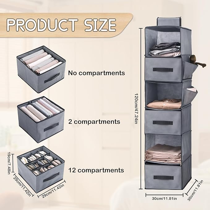 6-Shelf Hanging Closet Organizer, Hanging Storage Shelves with 3 Removable Drawers, Wardrobe Clothes Organizer, Cloth Hanging Shelves, Poucher Foldable for Closet Bedroom Home (1PCS 6-Shelf)