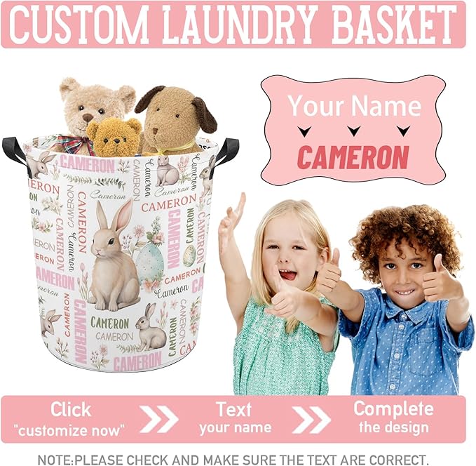 Bunny Laundry Basket,Personalized Laundry Hamper for Boys Girls,Custom Laundry Basket With Name, Customized Dirty Clothes Hamper for Bathroom Bedrooms,S-16.5"X 13.8"