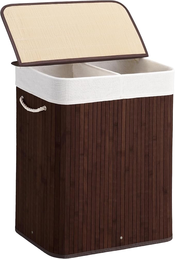 100L Laundry Hamper with lid, 2-Section Clothes Laundry Basket with Handles, Large Collapsible Bamboo Baskets for Bedroom, Bathroom, Dorm, Brown
