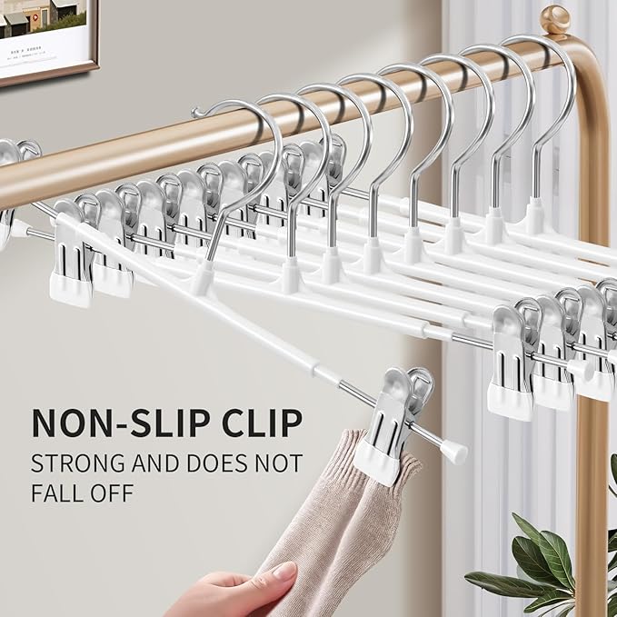 HUADYMEET 16 Inch Extended-Length Pants Skirt Hangers Non-Slip,20 Pack Adjustable Jeans Trousers Shorts Metal Clothes Hangers with Clips for Men Women, Strong Durable Heavy Duty Space Saving(White)