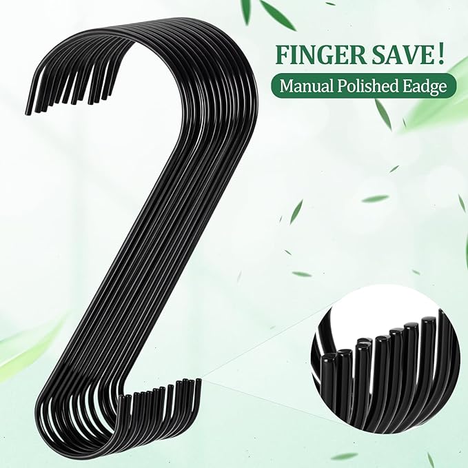 24 Pack 10 Inch Medium S Hooks for Hanging Plants & Closet Organization, Black Vinyl Coated Metal Hangers for Jeans Purses Towels Bird Feeders Heavy Duty Utility Metal Hooks