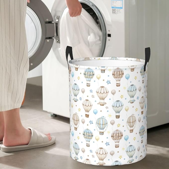 Watercolor Hot Air Balloon Round Laundry Hamper Storage Basket Toys Clothes Organizer Bin For Home Bathroom Bedroom Dorm Nursery, 38l