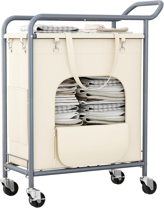 Laundry Basket with Wheels,150L Large Rolling Laundry Hamper, Heavy-Duty Laundry Cart Sturdy Metal Frame with Handle, Minimizes Bending Easy Access Clothing for Bedroom, Bathroom, Laundry Room (Beige)