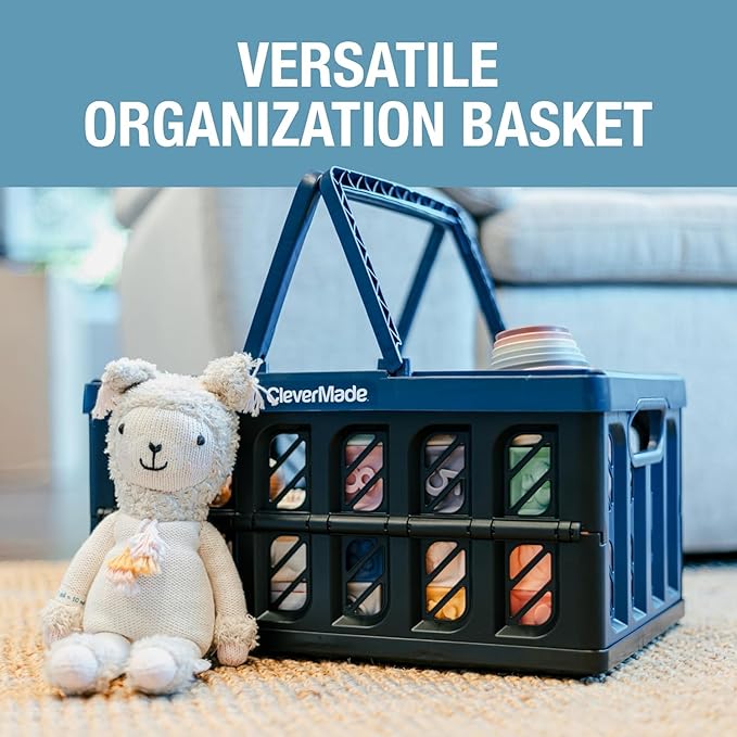 CleverMade Collapsible Shopping Basket with Handles – 24L Collapsible Grocery Tote, Plastic Storage Baskets Fold Flat, Stackable Collapsible Storage Bins for Car & Home - Stone