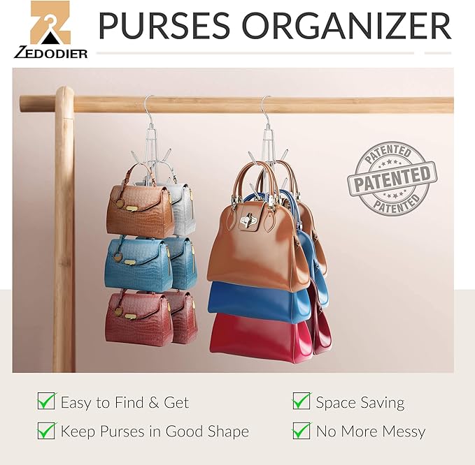 ZEDODIER Purse Organizer for Closet, 2 Pack Purse Hanger with 12 Hooks, Space Saving Handbag Organizer Bag Holder Backpack Rack Holds Multiple Purses, Metal Closet Organizers and Storage, Silver