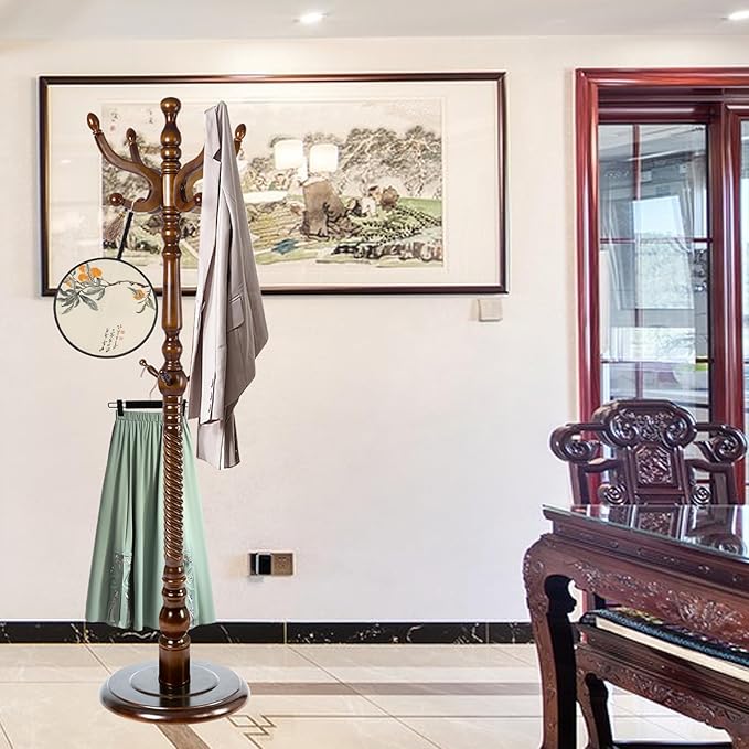 Coat Rack Freestanding, Wooden Tree Coat Rack Stand with 2 Adjustable Sizes Coat Tree and 11 Hooks, Sturdy Hall Tree with Tri-Legged Base for Entryway, Hallway, Bedroom (Walnut-Solid Round Base)