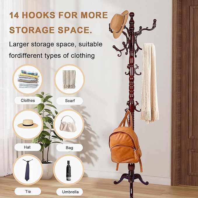 Solid Wood Coat Rack, Free Standing Hall Coat Tree with 14 Hooks, 3 Height Options, 300lbs Load, Stury Base, Clothes Rack for Entryway, Hallway, Bedroom (Tri-legged Base - Rosewood)