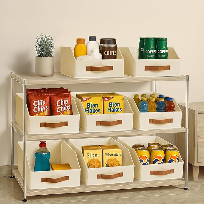 Fabric Storage Bins for Organizing - 8 Pack Large Trapezoid Collapsible Storage Bins with Front Handle, Closet Organizers and Storage for Bedroom, Home Shelves, Small Spaces, Beige