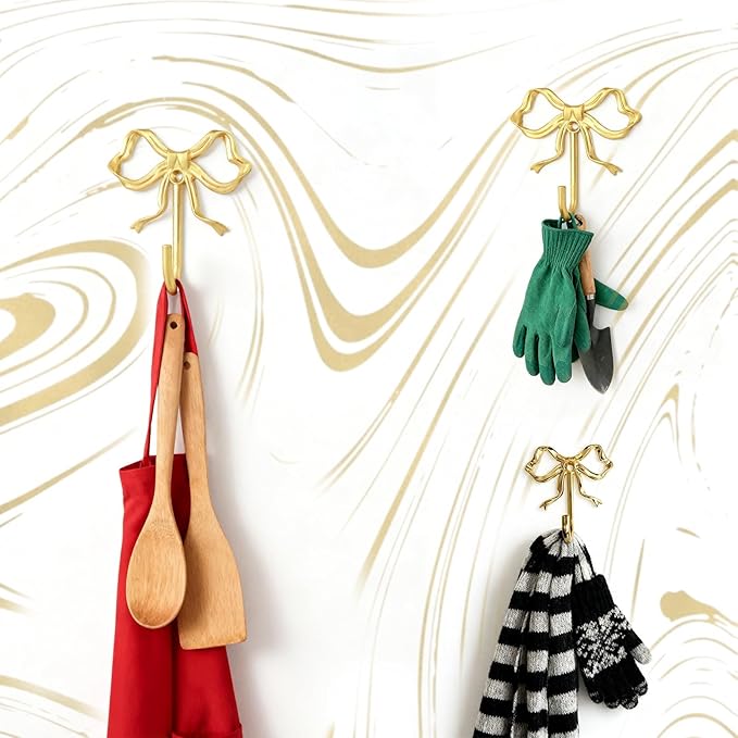 Decorative Bow Wall Hooks – Gold Metal Hooks for Keys, Jewelry, Holiday Stockings & Christmas Decor – Iron Alloy, Screw Mounted, 2 Pack