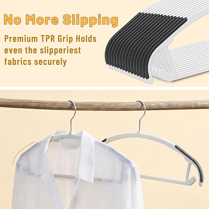 Arc Design No Shoulder Bump Plastic Hangers 30 Pack,Ultra Thin Non-Slip Hangers for Clothes,Heavy Duty Coats Hangers,360°Swivel Silver Hook,Space Saving Closet Organizer-(White)
