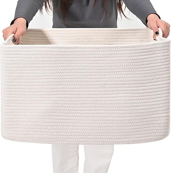 Large Rectangle Blanket Basket, Large Storage Basket, Cotton Rope Woven Baskets for Storage with Handles, Toy Baskets for Baby Nursery Living Room Bedroom, 22”x17”x12”, White, 75L