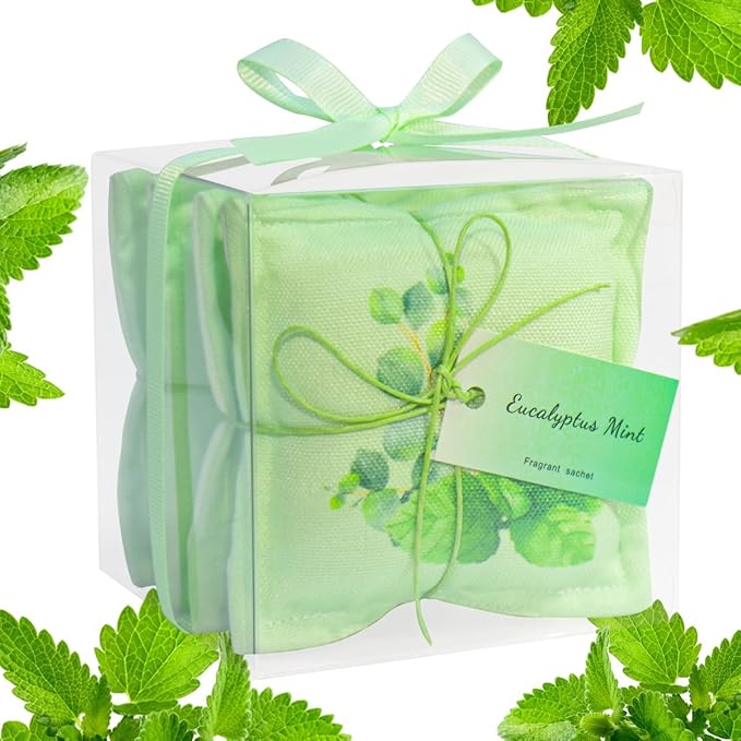 AUCUDA 4 Packs Mint Scented Sachet Bags for Drawers and Closets, Potpourri Packets for Women Clothes, Handcraft Wedding Fragrance Mesh Pillow Summer, Bedroom Indoor Organza Fresheners Dried.