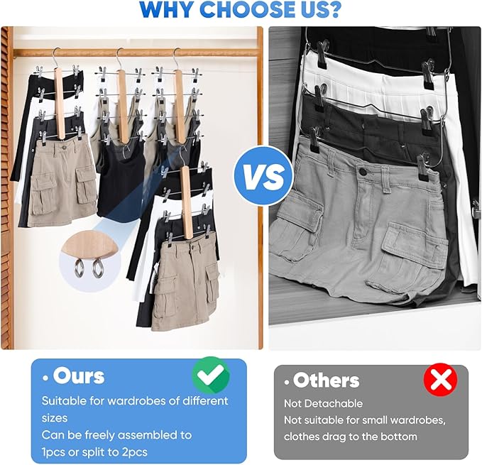 VANZAVANZU Pants Hangers with Clips, Space-Saving 4-Tier Skirt Hangers, 360° Swivel Pant Hangers with Movable Clips, Stainless Steel & Wood Clothes Hangers, for Dorm Rooms & Apartments, 2-Pack
