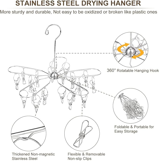 Foldable Clothes Drying Hanger Stainless Steel Laundry Drying Rack with 20 Clips, Sock Dryer Hanger for Hanging Underwear, Towels, Baby Clothes, Lingerie, Bra, Hat, Scarf, Gloves, Diapers