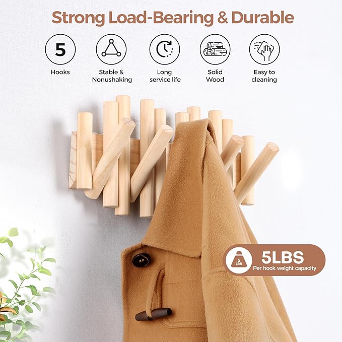 Wall Mount Coat Rack with 5 Hooks: Space-Saving Wall Coat Rack, Hooks for Hanging in Entryway, Bathroom, Home Office