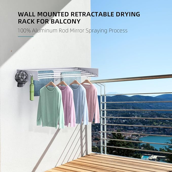 Drying Rack Clothing,Clothes Drying Rack Wall Mounted,Laundry Drying Rack Wall Mount,Foldable,Collapsible,60 lb Capacity 5 Aluminium Poles with 6 Hooks,Space Saving Clothes Drying Rack,White 40"