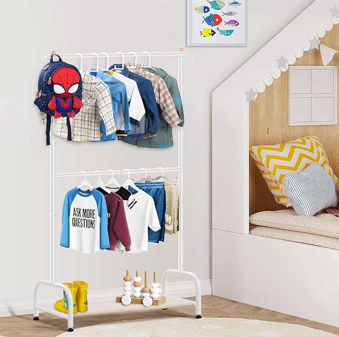 SLEEPING LAMB Double Rod Kids Clothes Rack, Small Toddler Clothing Rack with Bottom Storage Shelf for Baby Playroom Garment Rack, White