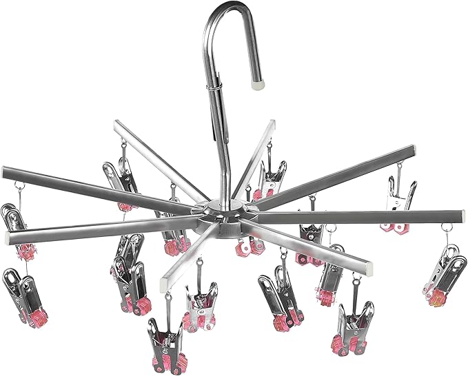 Drying Hanger, Hanging Drying Rack, Drip Hanger Stainless Steel with 16 Pegs for Laundry Underwear Socks, Quickly Remove Clothes from Hanger, Windproof, Folding Portable, (Red)