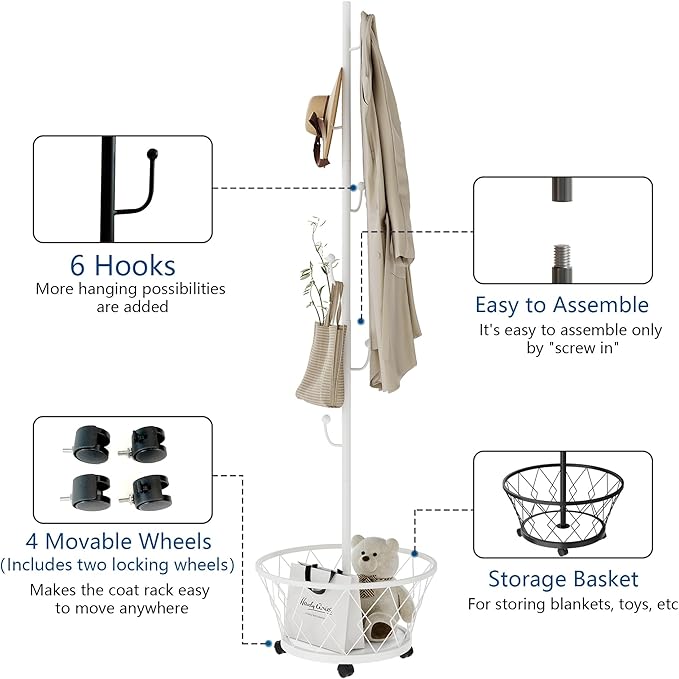 Black Cactus shaped Coat Rack Hanger Freestanding, Metal Clothes Rack with Basket 6 Hooks to Hang Clothes, Hat, Bag for Entryway, Hallway, Bedroom