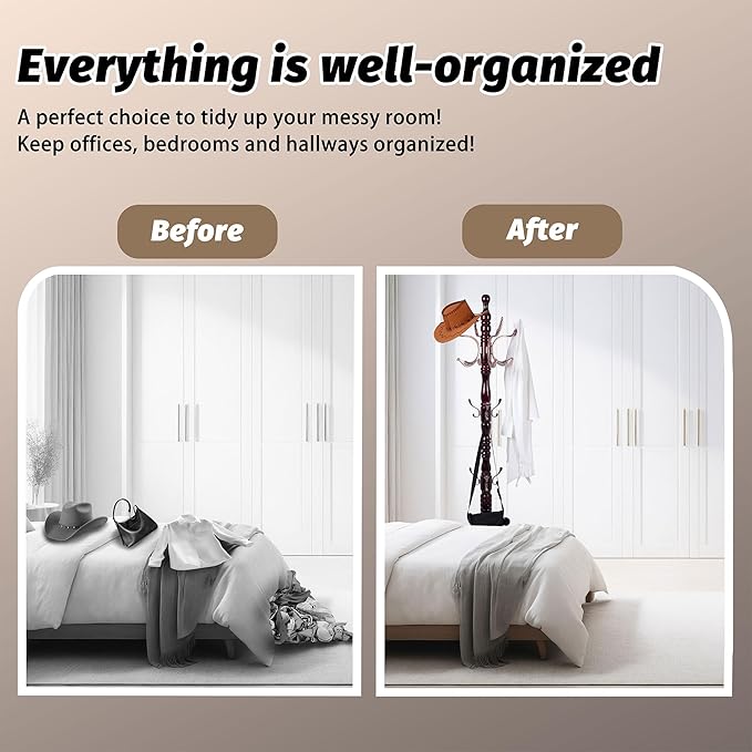 Solid Wooden Coat Rack Stand, Freestanding Coat Racks Tree with 20 Metal Hooks and 3 Adjustable Heights, Coat Hanger Stand with Sturdy Base for Coats,Hats,Bags, Living Room Bedroom Entryway Use