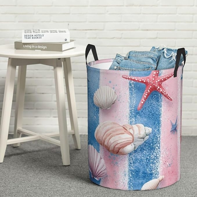 Ocean Seashell And Starfish Print Laundry Basket For Storage Bins Gift Baskets Bedroom Clothes Hamper