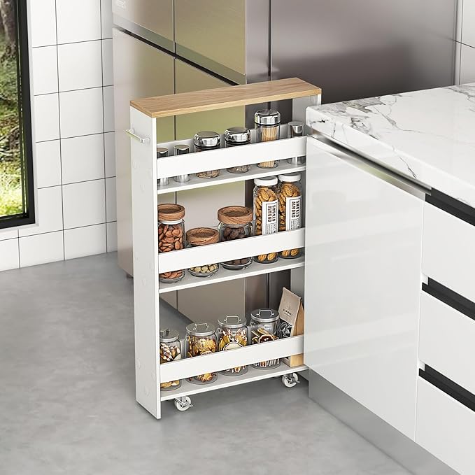 4-Tier Slim Rolling Storage Cart, Wooden Kitchen Utility Cart with Wheels & Handle, Space Saving Trolley, Slide Out Shelving Unit for Narrow Spaces, Laundry, Bathroom (White + Natural)