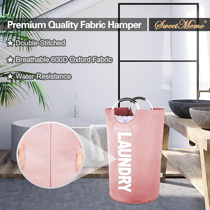 Laundry Hamper Bags 2 Pack, Large Laundry Baskets Collapsible, Dirty Clothes Hampers with Handles, Freedstanding Laundry Bin for Bedroom, College Dorm Room, Sturdy, Easy Carry (Pink)