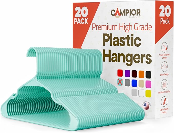 Plastic Clothes Hangers – Heavy Duty Hanger Set, for Organizing Clothes, Dresses, and Coat, Holds Up to 5 lbs, Space-Saving Hangers with Non-Slip Shoulder Grooves, Pack of 20, Aqua