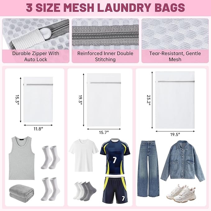 95L Laundry Backpack Bag with 3 Sizes Mesh Wash Bags Empty, Extra Large 2 in 1 Laundry Hamper Basket with Shoulder Straps, Freestanding Laundry Bag for College Dorm, Laundromat, Apartment (Pink)