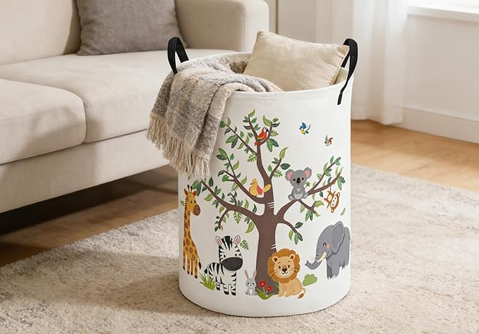 ESSME Kids Laundry Basket,Animal Hamper Collapsible Canvas Waterproof Storage Bin foBoys, Cute Hamper,Gift Baskets(Tree animal)