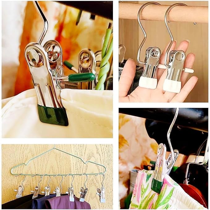 2024 New Space-Saving Clothespin Hangers - 360 Swivel Stainless Steel Hangers with Clips for Laundry, Travel, Pants, Socks, Towel Storage (G-Green 10PCS)