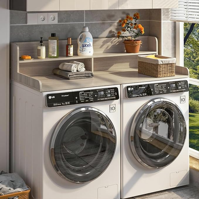 LEMBERI 2 Tiers Shelf Washer Dryer Countertop, 54" W x 27.5" D Laundry Organization, Wooden Topper for Folding, Sorting & Ironing, Easy Install, Oak