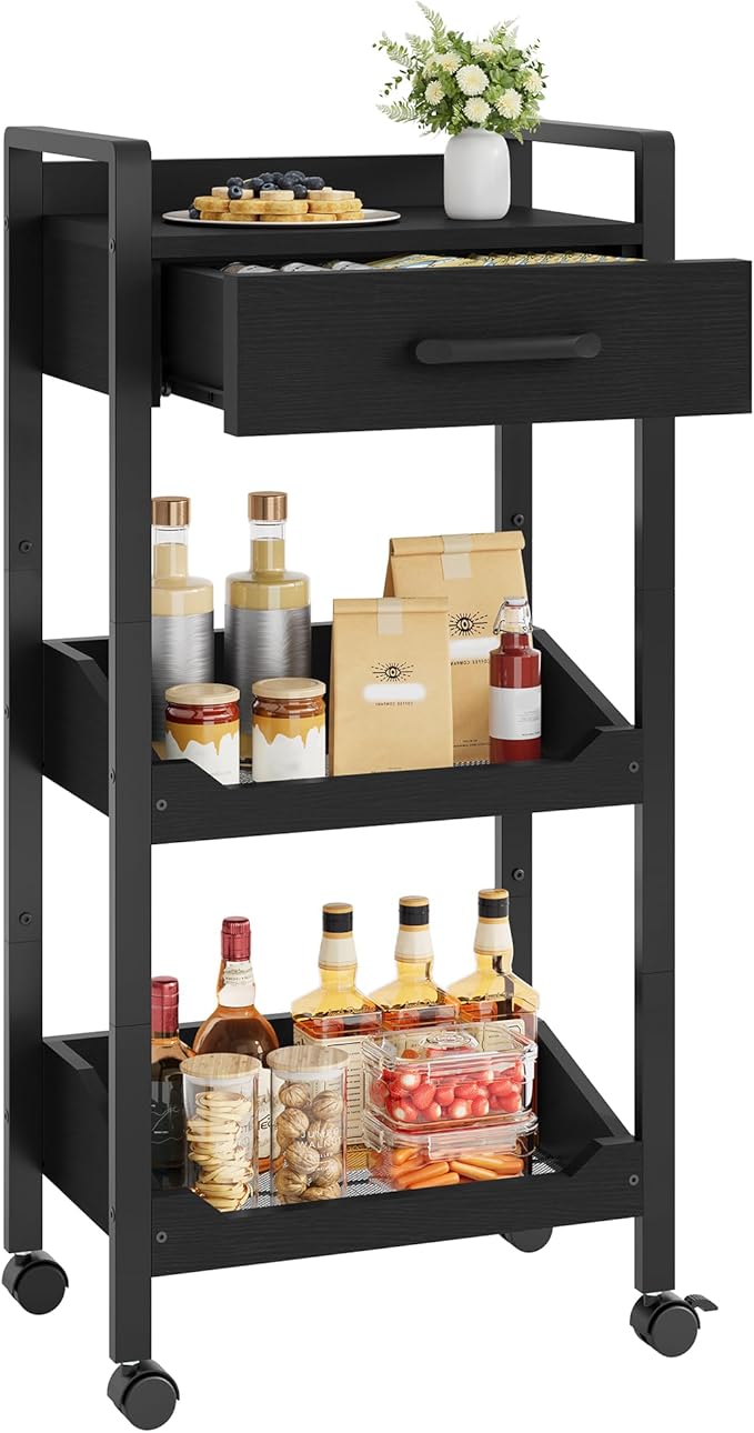 Hoctieon 3-Tier Rolling Storage Cart with Drawer, Rolling Utility Cart Organizer, Mobile Shelving Unit with Wheels, Metal Frame, Kitchen Utility Cart for Small Space, Office, Bathroom, Black