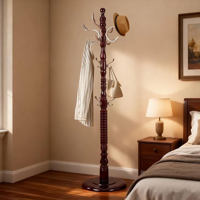 73" Wooden Freestanding Coat Rack，Easy to Adjust, Easy to Assemble for Children, Youth,Coat Rack Stand With Adults，18 Hooks and Round Solid Wood Base for Entrance Hallway Office Living Room (Metal)